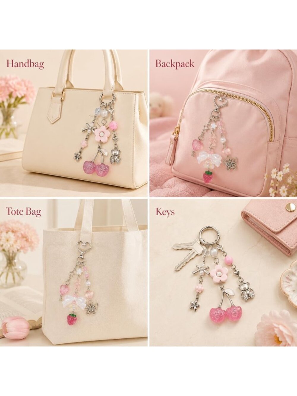 Women's Pink Cherry Strawberry Bag Charm And Keychain Korean-style Large Flower, - Picture 5 of 7